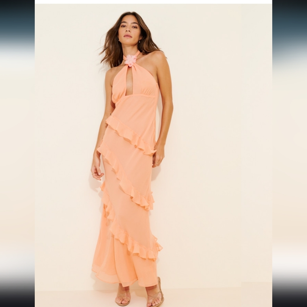 For Love & Lemons Kamory Peach Halter Ruffle Maxi Dress